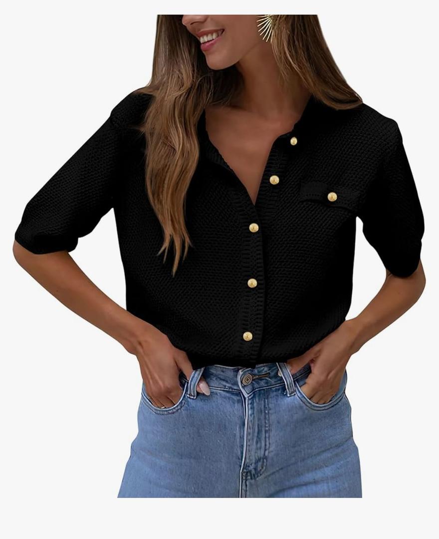 Cokulo Women's Summer Button Down Shirts Casual Short Sleeve Crew Neck Ribbed Knit Blouse Top Cardigans, M