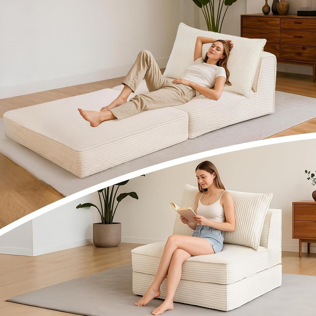 Folding Sofa Bed, Convertible Sleeper Chair with Pillow,Corduroy Comfy Floor Futon for Living Room Bedroom,No Assembly Required,Beige, 37 Inches X 39 Inches X 15 Inches