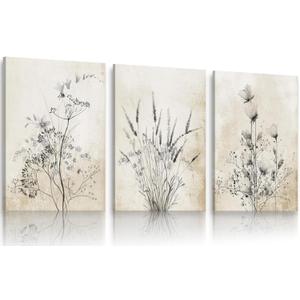 KBIERQN 3Pcs Vintage Floral Canvas Wall Art Rustic Flower Paintings Poster Prints Modern Minimalist Wildflowers Pictures Neutral Boho Wildflower for Living Bedroom Wall Decor 16x24in Framed