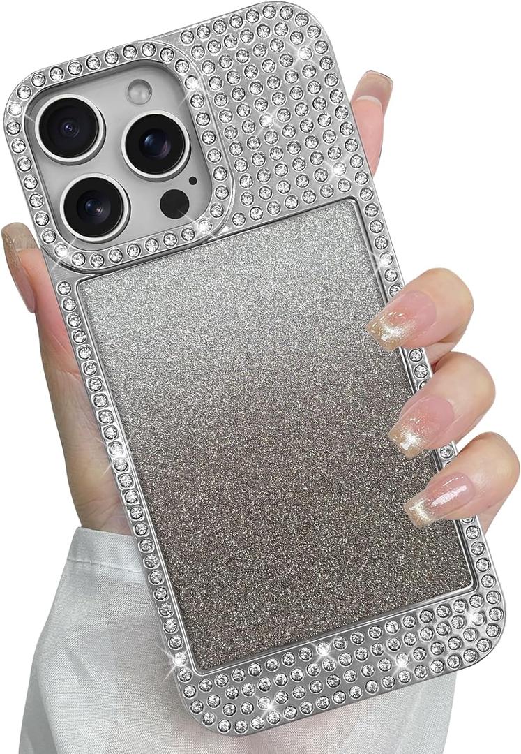 Compatible with iPhone 16 Pro Max Case, Glitter Diamond Crystal Rhinestone Cute Slim Electroplating Shiny Bling Sparkly Cover for Women Girls, Wireless Shockproof TPU Protective Phone Case, Silver