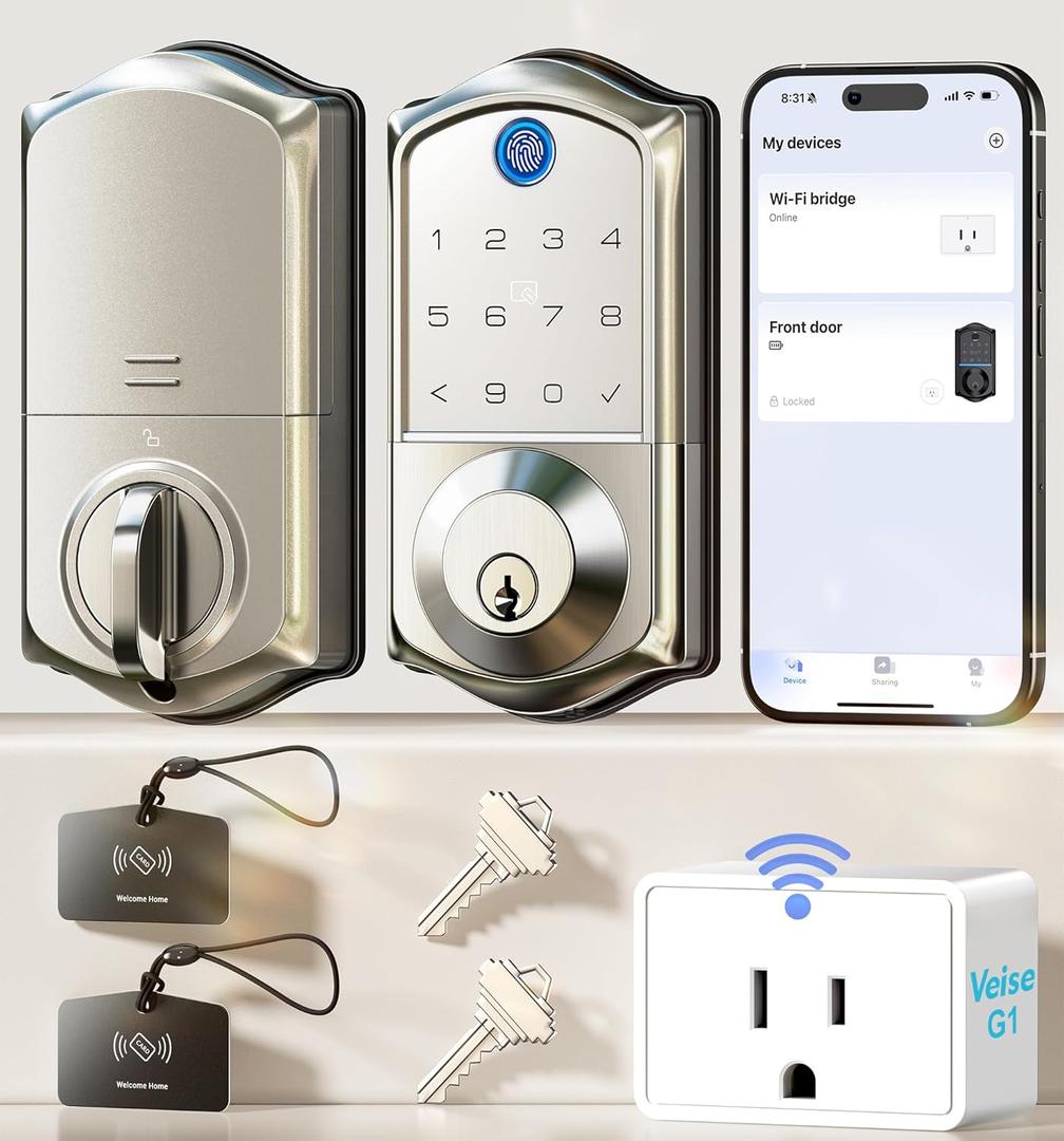 Veise VE017G Wi-Fi Keyless Entry Door Lock with Fingerprint, App Remote Control, Smart Locks for Front Door, Electronic Keypad Deadbolt, Auto Locking, Waterproof, Easy to Install, Satin Nickel