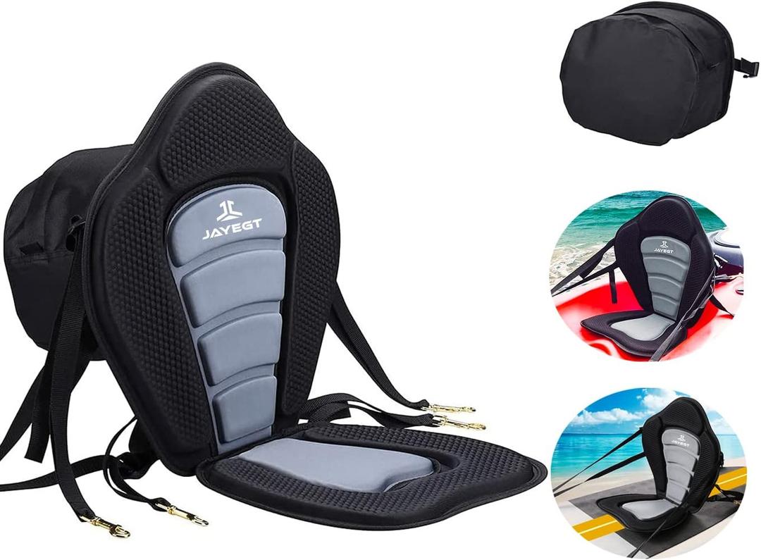 JAYEGT Kayak Seat Deluxe Padded Back Canoe Seat with Back Support SUP Paddle Board Seats Fishing Seat for Universal Sit with Detachable Storage Bag and 4 Adjustable Straps.