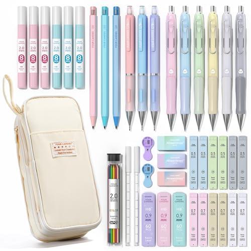 Four Candies 42PCS Aesthetic School Supplies, Mechanical Pencil Set 0.5mm, 0.7mm, 0.9mm, 2.0mm with 696 Lead Refills, Pastel Mechanical Pencils for Writing, Drawing & Drafting (Cream)