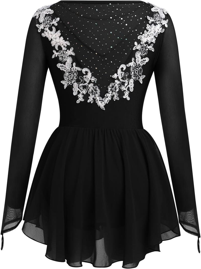 Ice Skating Dress for Women Long Sleeve Figure Skating Costume Rhythmic Gymnastics Leotard Sparkly Chiffon Skirt (X-Large, Black Lace)