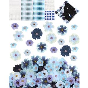 Giegxin DIY Graduation Cap Decorations Kit - 160 Mini Faux Flower Heads & 6 Pearl Rhinestone Stickers, Artificial Fabric Flowers for DIY Grad Hat Topper, Wedding Garland & Crafts(Blue Series)
