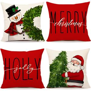4TH Emotion Red Christmas Pillow Covers 16x16 Set of 4 Farmhouse Decorations Snowman Wreath Santa Claus Tree Merry Christmas Holly Jolly Winter Holiday Decor for Home Couch
