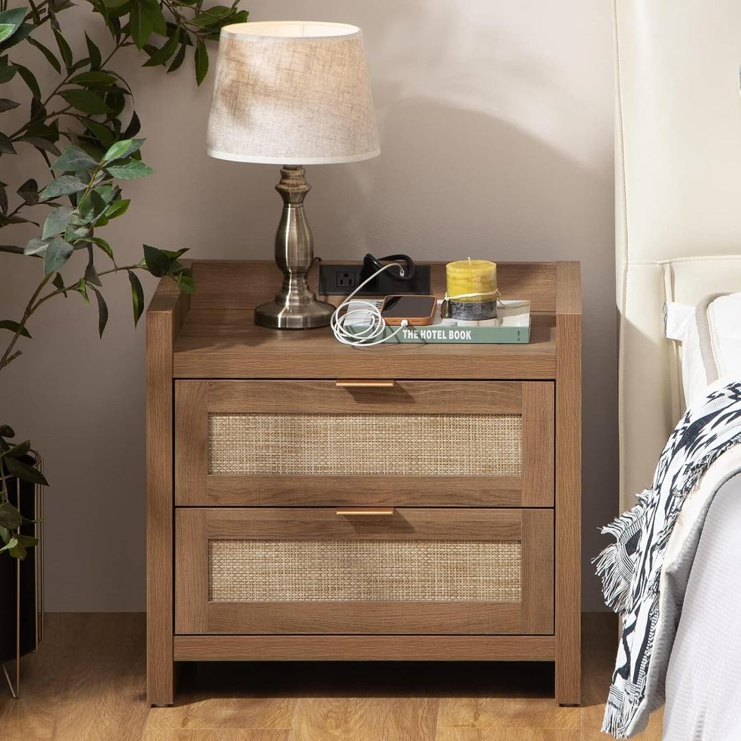 SICOTAS Rattan Nightstand End Table - Night Stand Bedside Table with Type-C Charging Station,2 Drawers Storage - Boho Night Stands for Bedroom - Natural Oak