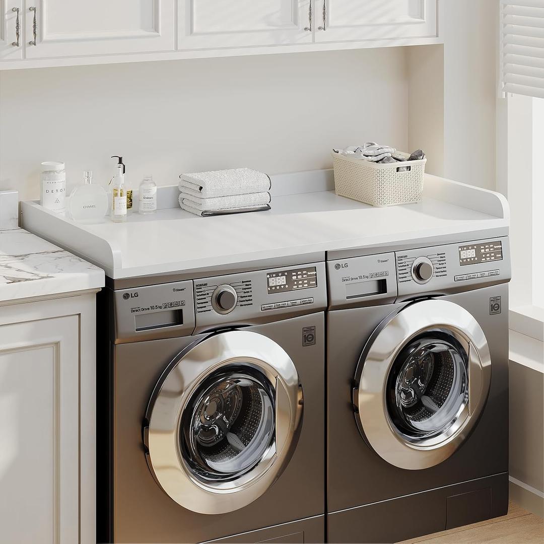 Washer Dryer Countertop with 2.75"H Edge Rails, 27.5" D x 54" W Laundry Countertop with Non-Slip Pad, Washer and Dryer Topper for Laundry Room Organization (White), Standard