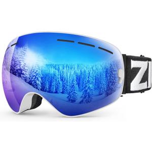 ZIONOR X Ski Snowboard Snow Goggles OTG Design for Men Women Adult with Spherical Detachable Lens UV Protection Anti-fog (VLT 22% White Frame Revo Blue Lens)
