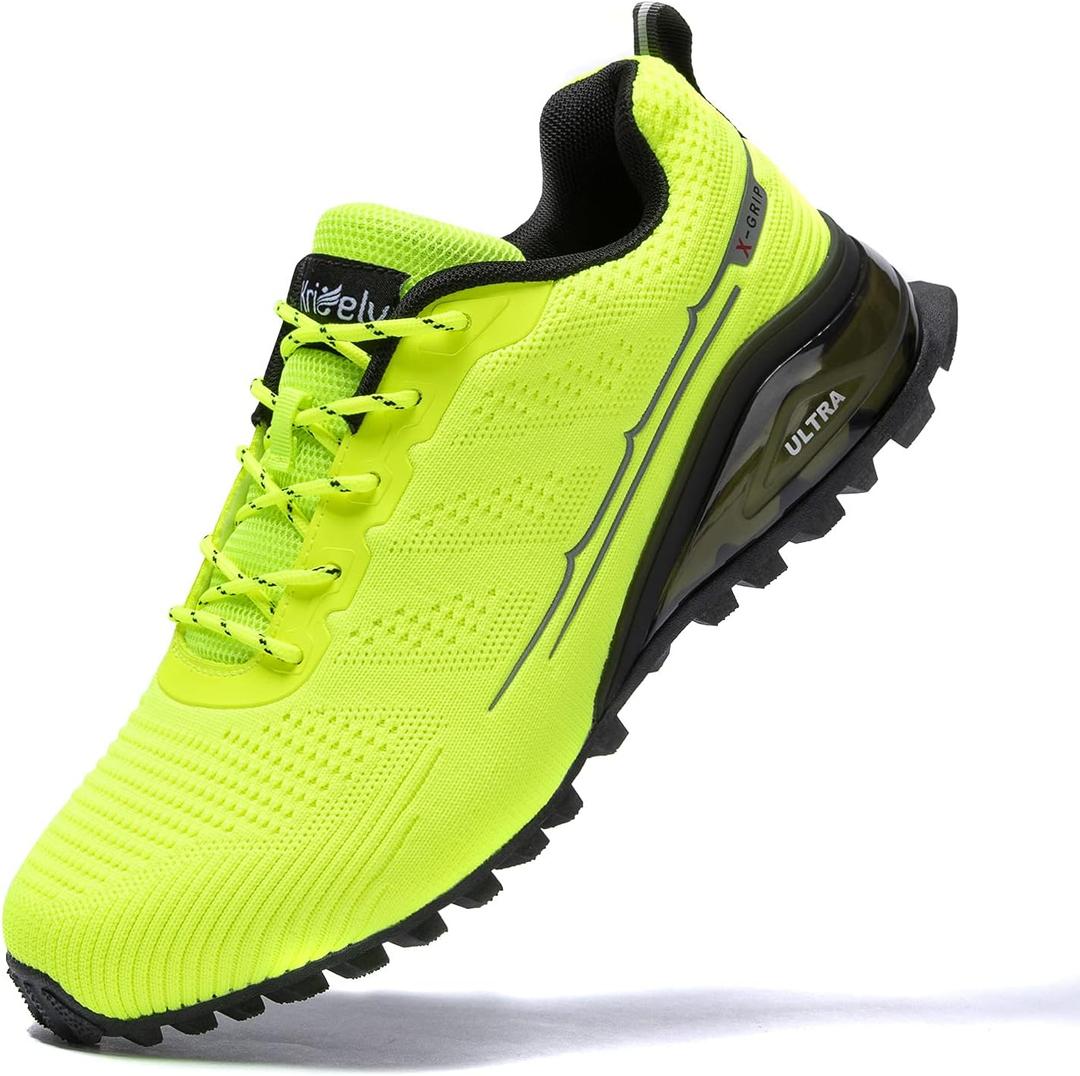 Kricely Men's Trail Running Shoes Fashion Hiking Sneakers for Men Tennis Cross Training Shoe Fluorescent Green Non-Slip Walking Footwear Size 10.5 Wide