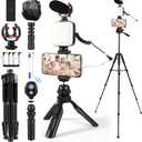 Vlogging Kit for iPhone, Android, YouTube Starter kit Content Creator Equipment with 60'' Extendable Fullsize Tripod, Soft Light and Shotgun Microphone for Vlogging, YouTube, TikTok