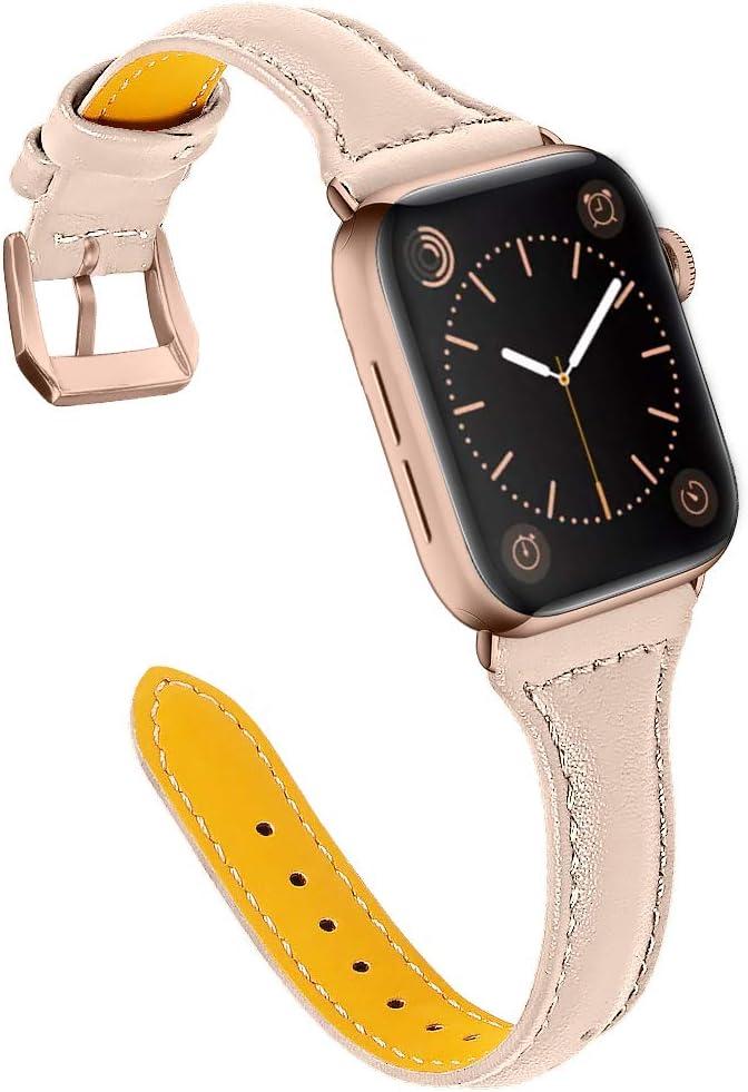 OULUCCI Leather Bands Compatible Apple Watch Bands For Women 38mm 40mm 41mm 42mm 44mm 45mm 46mm 49mm, Top Grain Leather Band Replacement Strap for iWatch Ultra SE SE2 Series 11 10 9 8 7 6 5 4 3 2 1 (Beige/Gold)