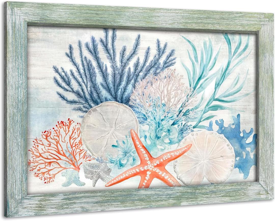 ARTISTIC PATH Marine Coral Seagrass Framed Wood Wall Art, 24x16 Inch