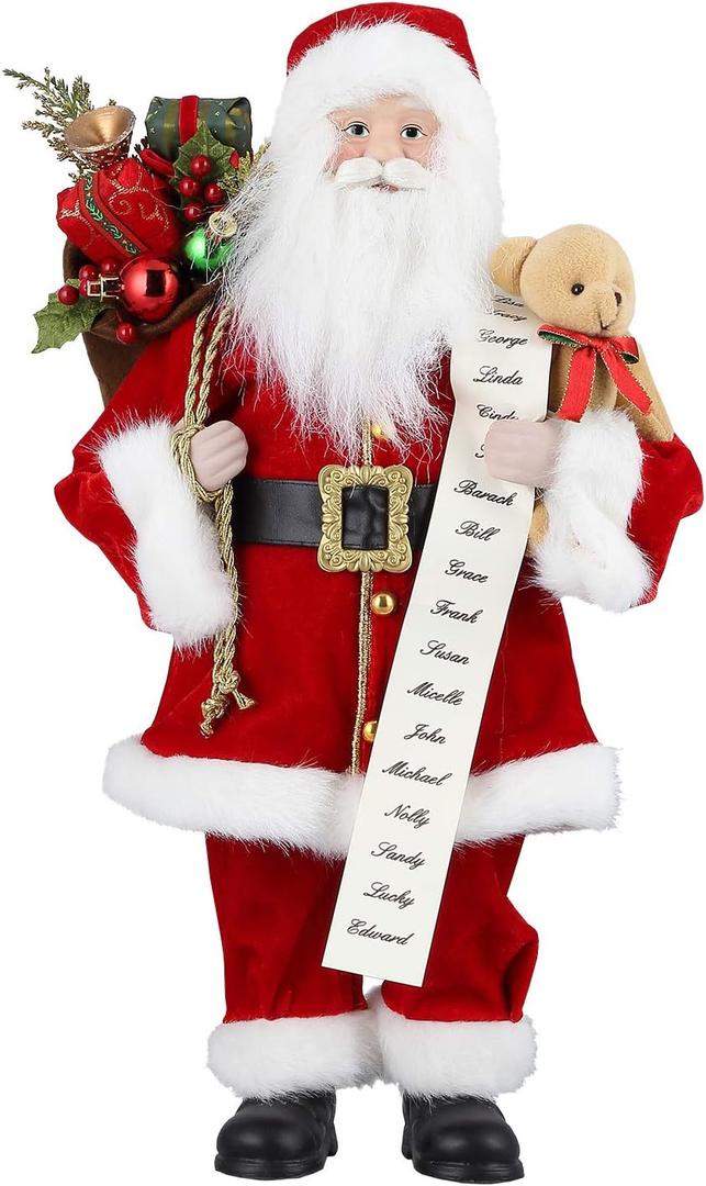 AGM 18" Santa Claus, Christmas Figurine Figure Decor with Good and Bad List and Bear and Gifts Bag for Holiday Party Home Decoration