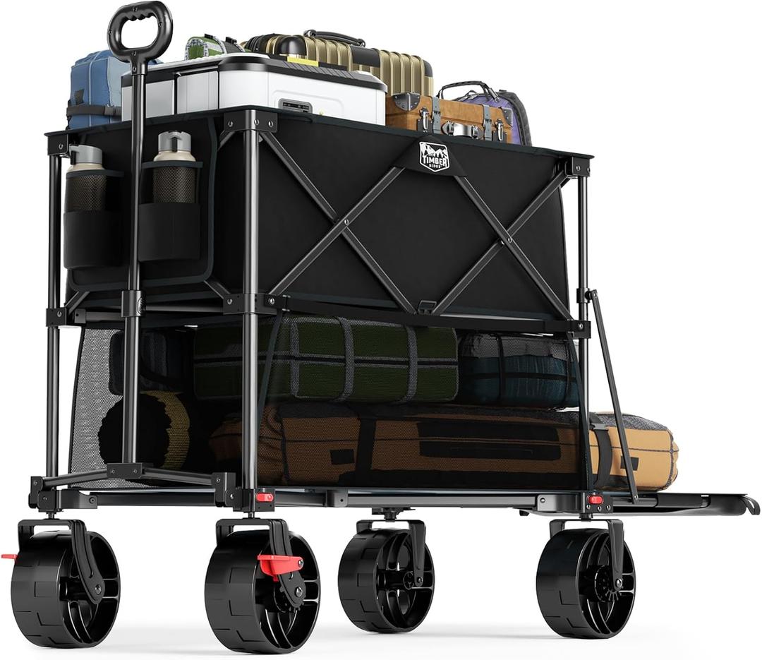TIMBER RIDGE 400L Large Capacity Folding Double Decker Wagon with Brakes, 54" Extra Long Extender Wagon Cart, 450lbs Heavy Duty Collapsible Cart, All-Terrain Big Wheels for Camping, Sports, Shopping