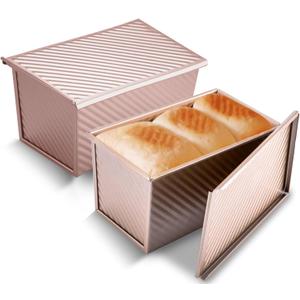 KITESSENSU Pullman Loaf Pan with Lid 2 Pack, 1 lb Dough Capacity Non-Stick Bakeware for Baking Bread, Carbon Steel Corrugated Bread Toast Box Mold with Cover for Baking Bread, Gold