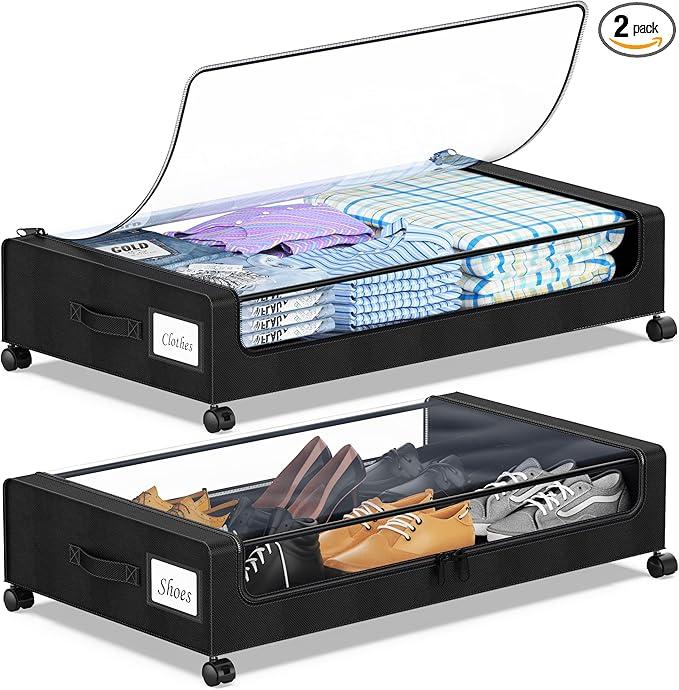 Under Bed Storage with Wheels, 2-Pack Under Bed Storage Containers with Clear Lids, XXL 60L Under the bed storage Organizer Bins, Rolling Under Bed Metal Drawer for Clothes,Shoes,Toys (Black, 2 Pack