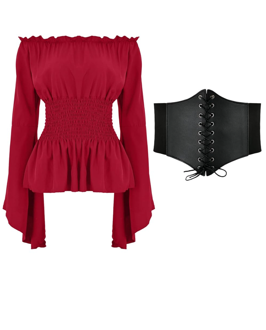 Womens Renaissance Blouse Tops Corset Waist Belt Medieval Victorian Off Shoulder Long Sleeve Shirt Pirate Cosplay Costumes, S