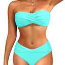 Women's Strapless Bandeau Bikini Set - Twist Front Two Piece Swimsuit with Side Tie Bathing Suit Bottom M