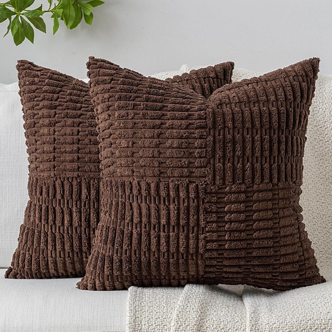 Patchwork Throw Pillow Covers Set of 2 Striped Soft Corduroy Square Decorative Couch Pillow Cases Boho Accent Farmhouse Home Decor for Bed Sofa Living Room, Brown, 18x18-Inch