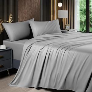Shilucheng 4 Piece Queen Sheet Sets, Cooling Sheets, Blend Rayon Derived from Bamboo, Deep Pocket Up to 16", Breathable & Soft Bed Sheets, Hotel Silky Bedding Set, Grey