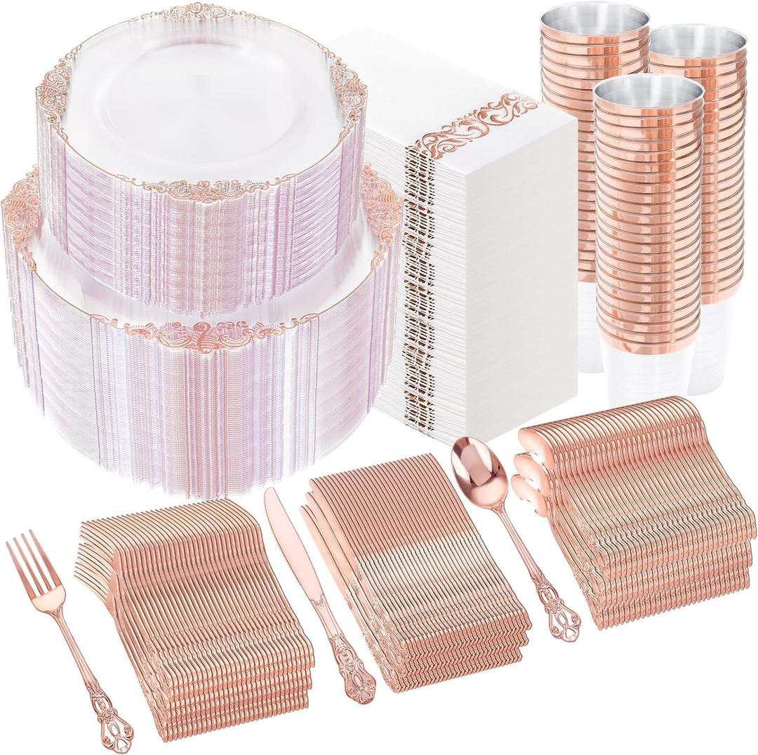 YOUBET 700PCS Rose Gold Plastic Dinnerware Set for Wedding Party