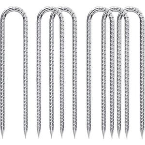 Rebar-Stakes-12-Inch-Galvanized, U Hook Trampoline Stakes 6 Pack Ground Anchors Tent Stakes Heavy Duty for Plants Anti-Rust Landscape Fabric Stakes Artificial Turf
