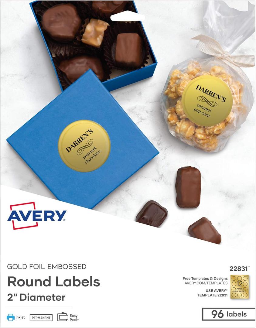 Avery Printable Embossed Foil Round Labels, 2" Diameter, Gold, 96 Customizable Labels (22831)