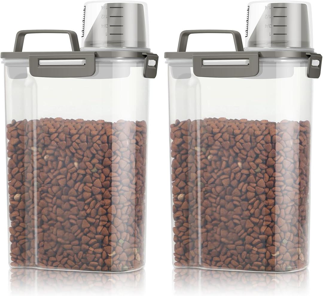 TBMax Small Dog Cat Food Storage Containers 2 Pack, Travel-Friendly Pet Food Container with Spout & Measuring Cup, Kid-Friendly Pet Feeding Dispenser, Portable Dog Treat Bird Seed Container -Grey