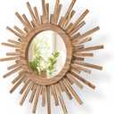 24 Inch Boho Sunburst Mirror, Round Wooden Wall Decor Starburst Sun Mirror for Bedroom, Living Room, Bathroom, Hallway, Balcony, Farmhouse Entryway, Housewarming Gift（Rustic Brown), Wood Color, 24"L x 24"W