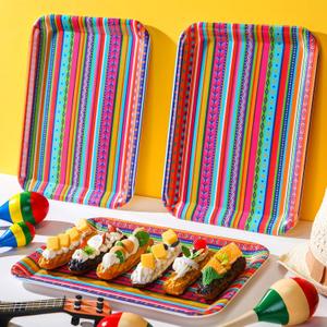 Zubebe Set of 3 Cinco De Mayo Serving Trays 13" x 10" - Mexican Party Decorations, Fiesta Supplies, Reusable Large Boho Rainbow Platter for Festivals