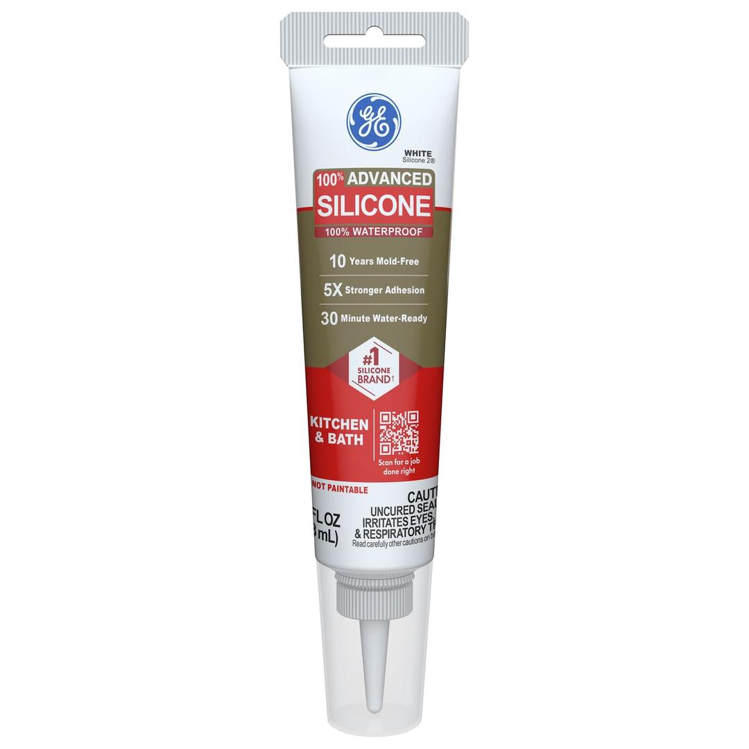 GE Advanced Silicone Caulk for Kitchen & Bathroom - 100% Waterproof Silicone Sealant, 5X Stronger Adhesion, Shrink & Crack Proof - 2.8 fl oz Tube, White, 1 Pack