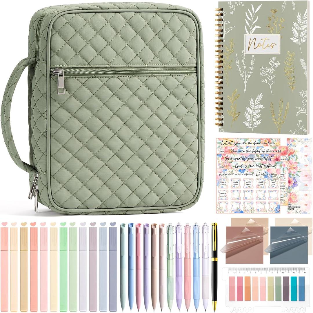 Bible Cover Case for Women Large Bible Bag, Bible Study Supplies Journaling Kit Quilted Church Bag with Handle, Puffer Book Carrying Case w/Tabs Accessories Mothers Day Christian Gifts for Women Mom