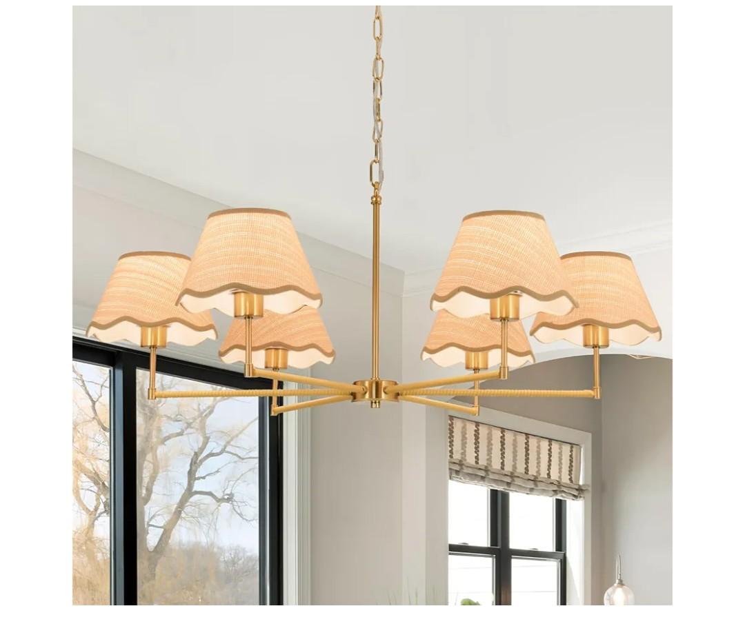 KUSSCO 6Light Boho Rattan Chandelier 39″ Rattan Pendant Light with HandWoven Shade Adjustable Height Vintage Dining Room Chandelier for Kitchen Island Living Room Bedroom Foyer E26 Base