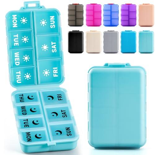 Foldable & Portable Weekly Pill Organizer 2 Times a Day with Clear Printed Labels​ - 7 Day AM PM Medicine Box, Week Daily Travel Pill Meds Case Holder for Medications, Vitamin, Supplement - Sky Blue