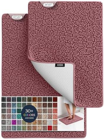 BELADOR Plush Bath Mat Set - 2 Piece Quick-Dry Soft Chenille Bathroom Rugs With Rubber Backing, Absorbent and Washable - 24x17 + 30x20