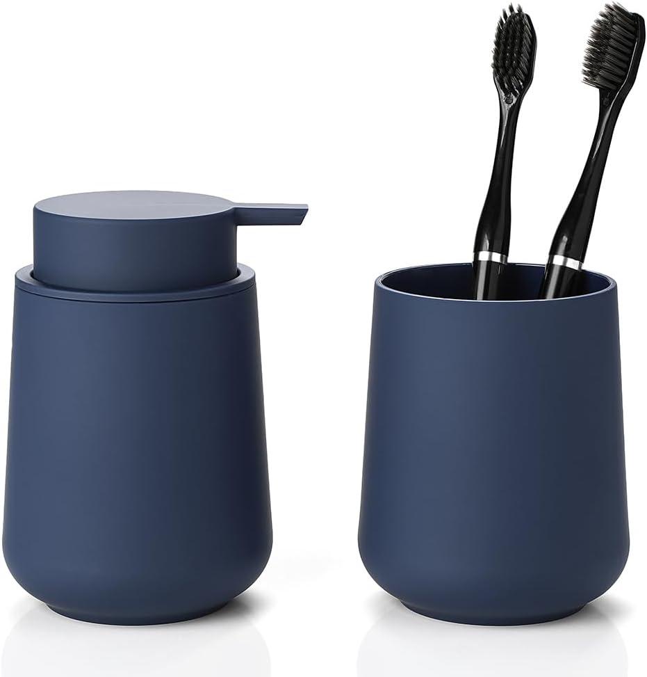 Matte Blue Bathroom Accessories 2 Piece Set Plastic Soap Dispenser and Toothbrush Holder for Modern Bathroom Decor