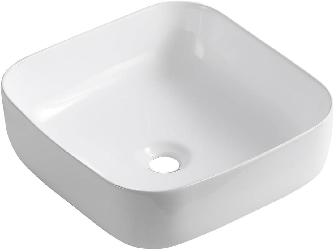 15x15 White Square Vessel Sink - Porcelain Bathroom Sink for Countertop, Above Mount Ceramic Basin, 15 Inch Round/ Rectangular Corner Sink without Overflow (385x385mm) 15.15"x15.15"x5.5"