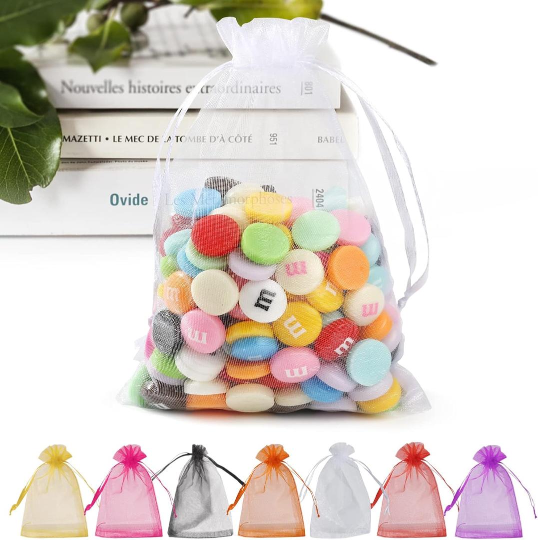 ANZNKU 50 Pack White Organza Bags 5 x 7 Inch, Small Mesh Gift Bags Drawstring for Wedding Favors, Gift Bag Bulk for Candy, Jewelry, Soap, Cute Goodie Bag Sachet for Party Favor & Valentine Gifts
