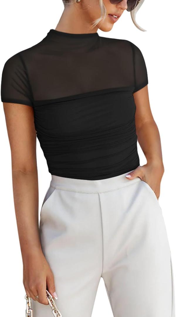 REORIA Women's Sexy Mock Turtle Neck Short Sleeve Shirts Sheer Mesh Ruched Trendy Going Out Bodysuits Tops (Medium, Black)