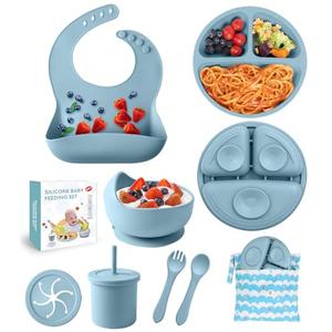 Silicone Baby Feeding Set, 10 Pcs Baby Led Weaning Supplies Baby Eating Essentials Set with Suction Bowl Divided Plate Adjustable Bib Soft Spoon Fork Cup with Lid Drinking Cup, Travel Bag (Blue)
