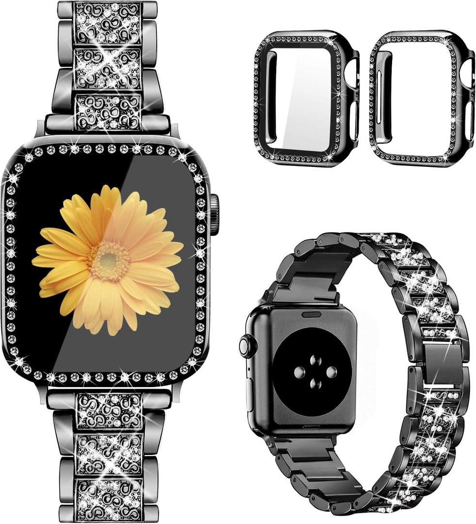 Mesime Compatible for Apple Watch Band with Screen Protector Case, Jewelry Replacement Bands 46mm 45mm 44mm 42mm 41mm 40 mm 38mm 2 Pack Protective Cover for iWatch Series 11/10/9/8/7/6/5/4/3/2/1/SE Women (Black)