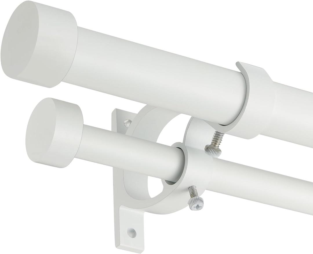 Double Blackout Curtain Rods 36 to 72 Inches (3-6 Feet),1-Inches Front and 5/8 Inches Back Adjustable End Cap Double Window Drapery Rod for Drapes and Curtains,Matte White (36-72", Matte White)