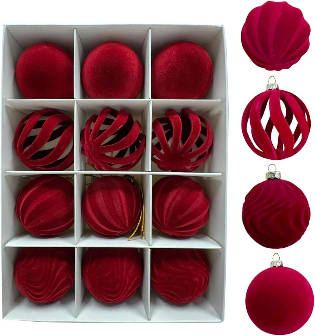 Velvet Christmas Balls, 24PCS Flocked Decoration Balls Ornaments Sets, Bulk Flocked Christmas Tree Ball Ornaments(2.2In) (Red)