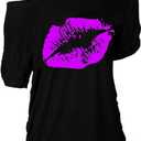 MAGICMK Women Casual Plus Size Lips Print Off Shoulder T-Shirt Tops (Large, Black+purple)