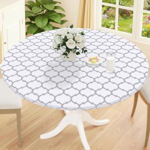 Smiry Round Picnic Tablecloth, Waterproof Elastic Fitted Table Covers for 18" - 24" Tables, Wipeable Flannel Backed Vinyl Tablecloths for Camping, Indoor, Outdoor, White & Dark Grey