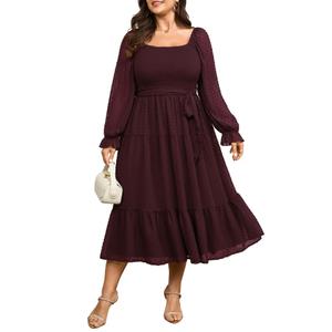 SCOMCHIC Women's Plus Size Dress Long Sleeve Square Neck Swiss Dot Chiffon Dress Smocked A Line Ruffle Fall Maxi Dresses Burgundy, 3XL