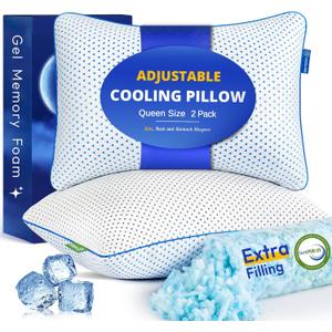 Cooling Gel Memory Foam Pillows Queen Size Set of 2 for Sleeping, Bamboo Rayon Adjustable Firm Shredded Foam Cool Bed Pillows 2 Pack for Side, Back, Stomach, Hot Sleepers Soft Yet Support, CertiPUR-US
