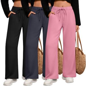 3 Pack Women's Lounge Pants with Pockets Casual Wide Leg Drawstring Yoga Pants Straight Trousers Spring Bottoms (Medium, Pink, Dark Gray, Black)