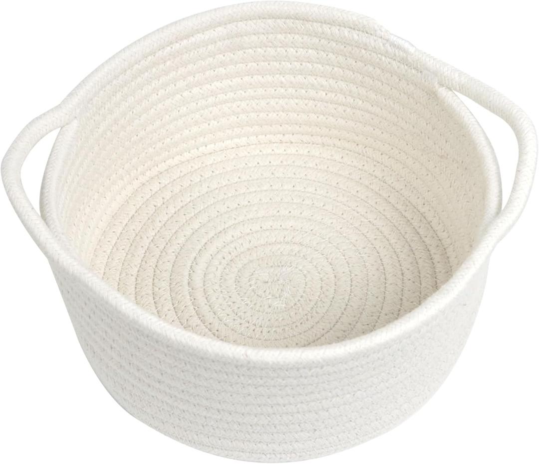 Small Woven Basket with Handle, Small Cute White Storage Baskets for Organizing, Tiny Decorative Round Cotton Rope Woven Closet Storage Bin, Baby Boho Empty Gift Basket for Nursery